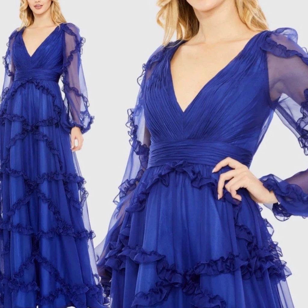 Mac Duggal Elegant Royal Blue Ruffle Tiered V-Neck Maxi Dress Size 4